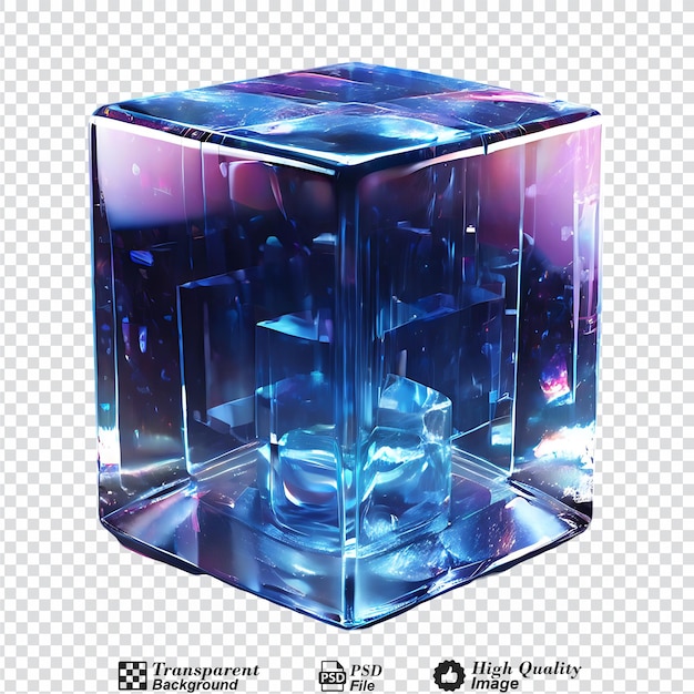 Cubo de vidrio de cristal 3d con refracción y aislamiento holográfico en fondo transparente