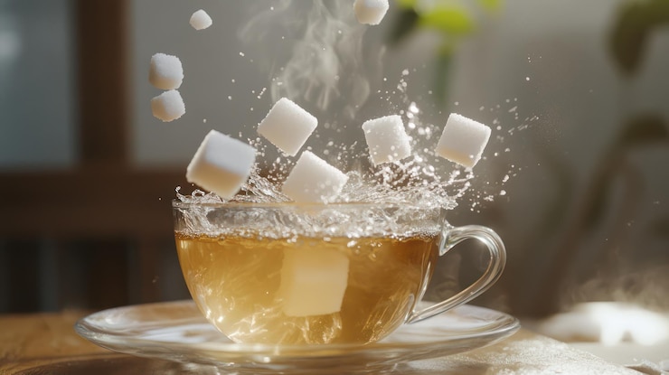 PSD los cubos de azúcar salpican en una taza de té caliente
