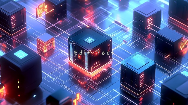 Cubos de datos futuristas conectados en una placa de circuitos