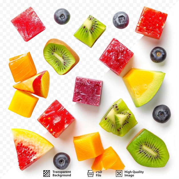 PSD cubos de frutas frescas coloridas cortadas em fatias isoladas em branco
