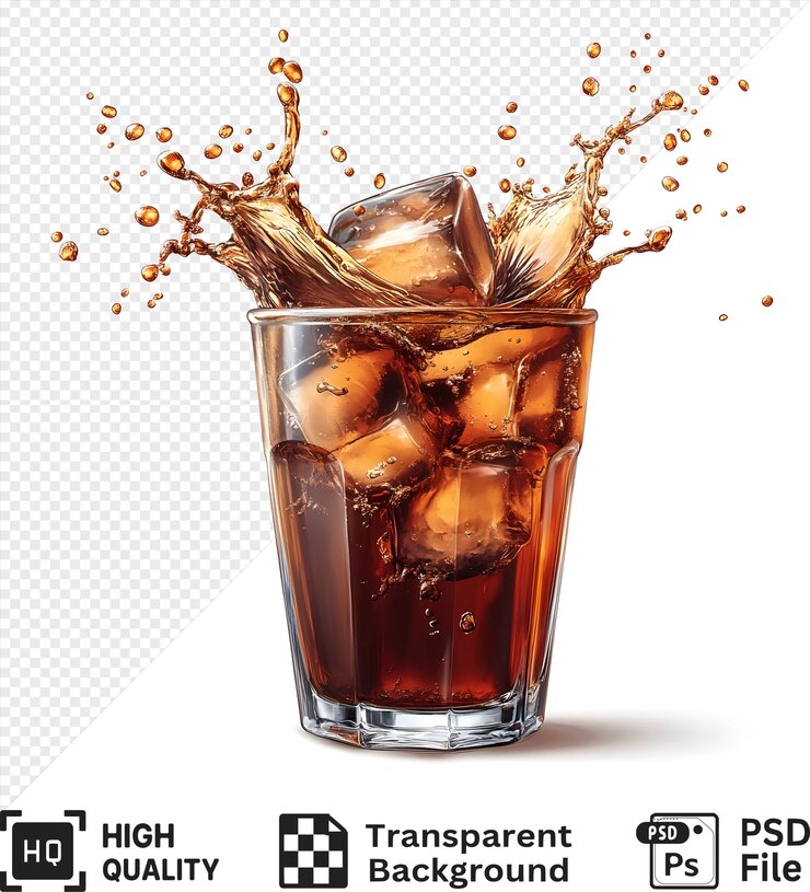 PSD cubos de hielo cayendo en un vaso de cola con una salpicadura aislada sobre un fondo transparente
