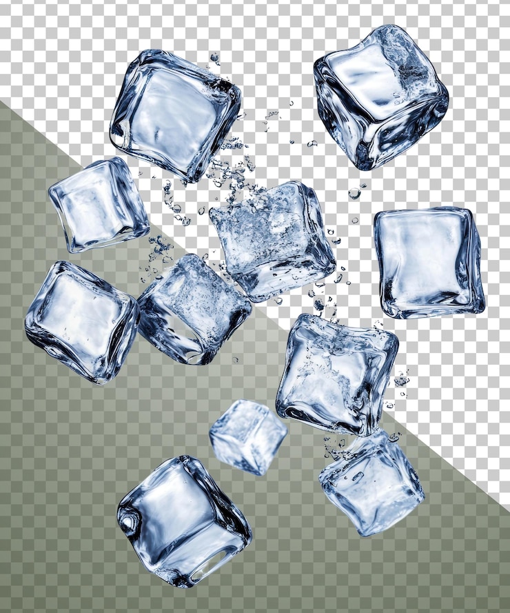 PSD cubos de hielo salpicando en gotas de agua clara cortado stock png