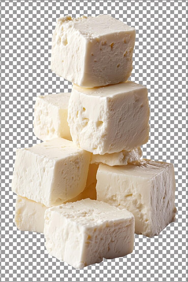 Cubos de queso feta Tangi y delicias lácteas desmoronadas Hiperrealista Llanura blanca aislada Transpare