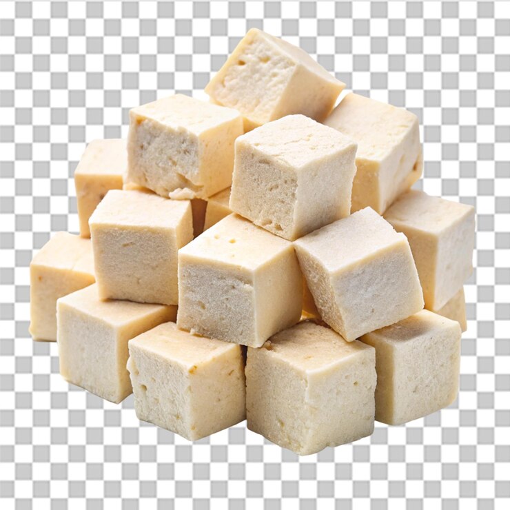 PSD cubos de tofu aislados sobre un fondo transparente