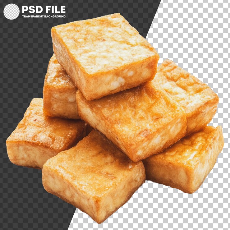 PSD cubos de tofu frito de png apilados sobre un fondo blanco