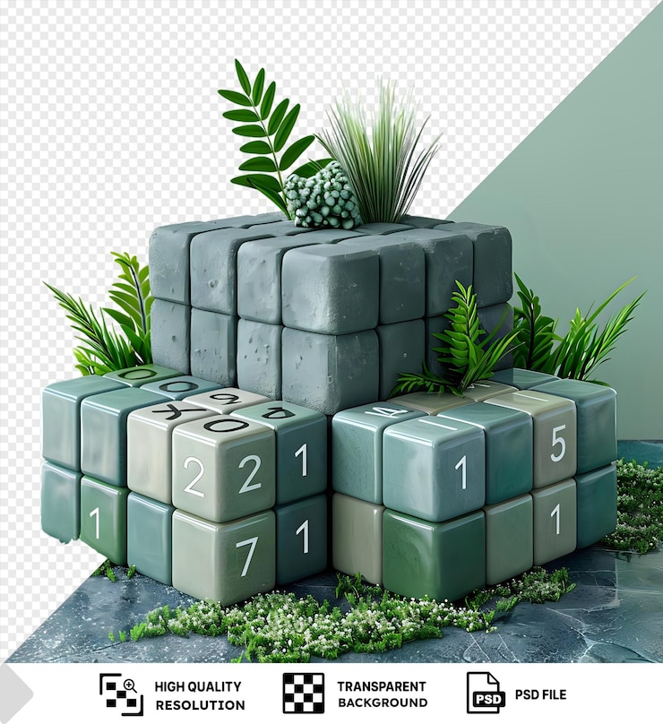 PSD cubos transparentes para el cambio de año nuevo 2021 a 2022 maqueta de una planta verde y una pared verde y gris png psd