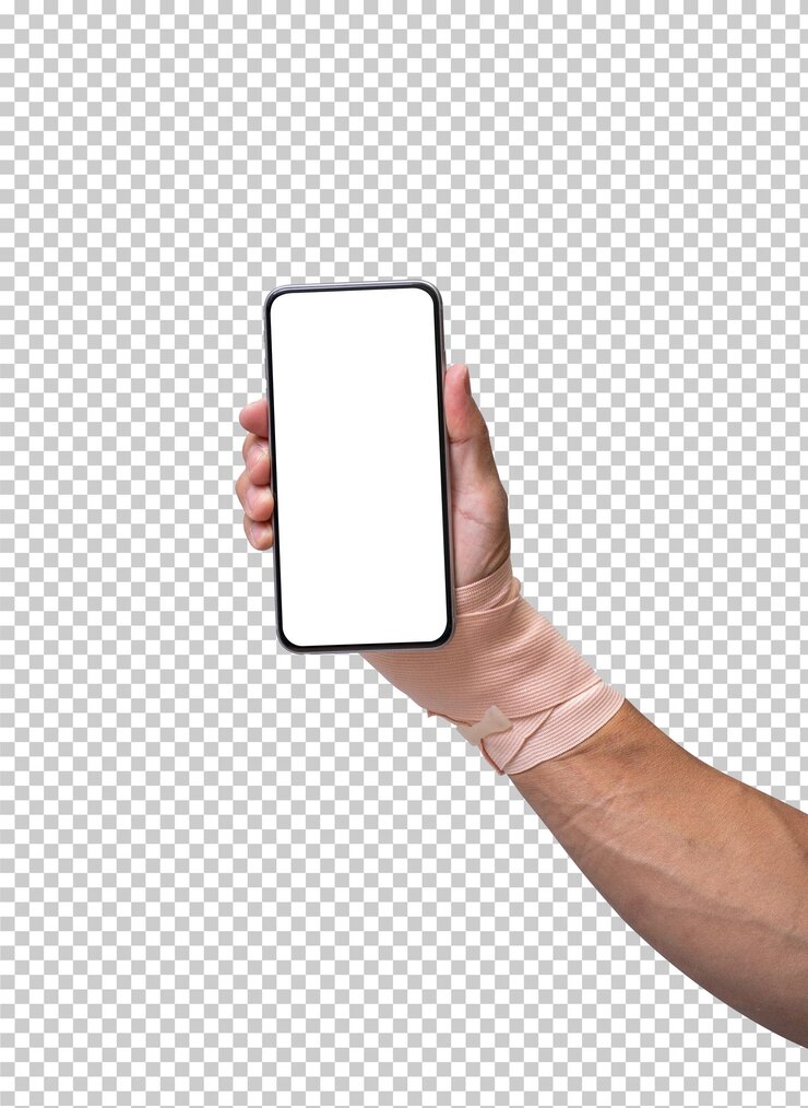 PSD cubra a mão ferida com bandagem elástica e segura o smartphone.