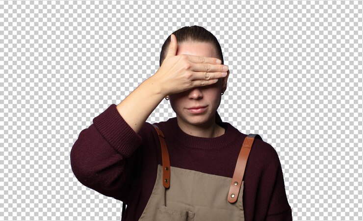PSD cubriendo los ojos con una mano sintiéndose asustado o ansioso preguntándose o esperando ciegamente una sorpresa