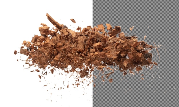 Cucca di cocco esplosione volante cocco tritato medio dimensione M astratto cadere giardino Cuccia di cocco buccia fertilizzante spruzzo lancio in aria sfondo bianco isolato arrotolare ad alta velocità congelamento