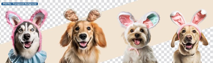 PSD cuccello in costume di coniglietto con orecchie di coniglio banner di set per cani pronti per la pasqua.