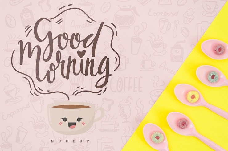 PSD cucchiai con cereali colorati e messaggio di buongiorno