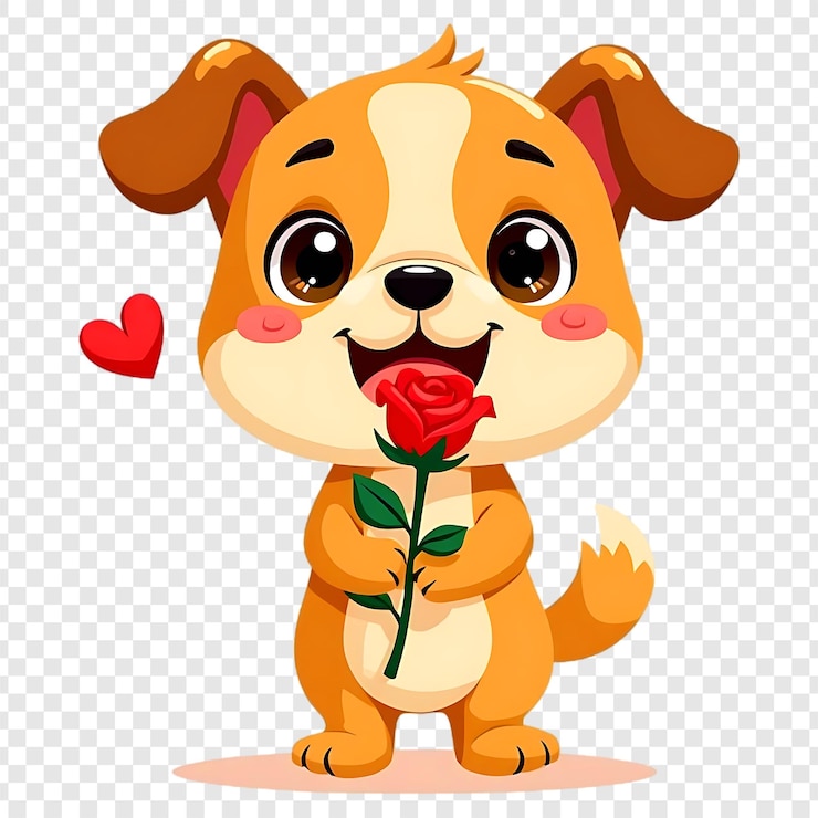 PSD cucciolo di cartone animato con una rosa rossa isolata su uno sfondo trasparente