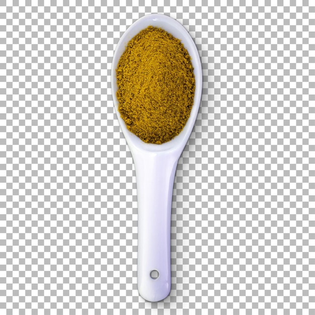 Una cuchara blanca llena de polvo de especias marrón amarillo que sugiere uso culinario