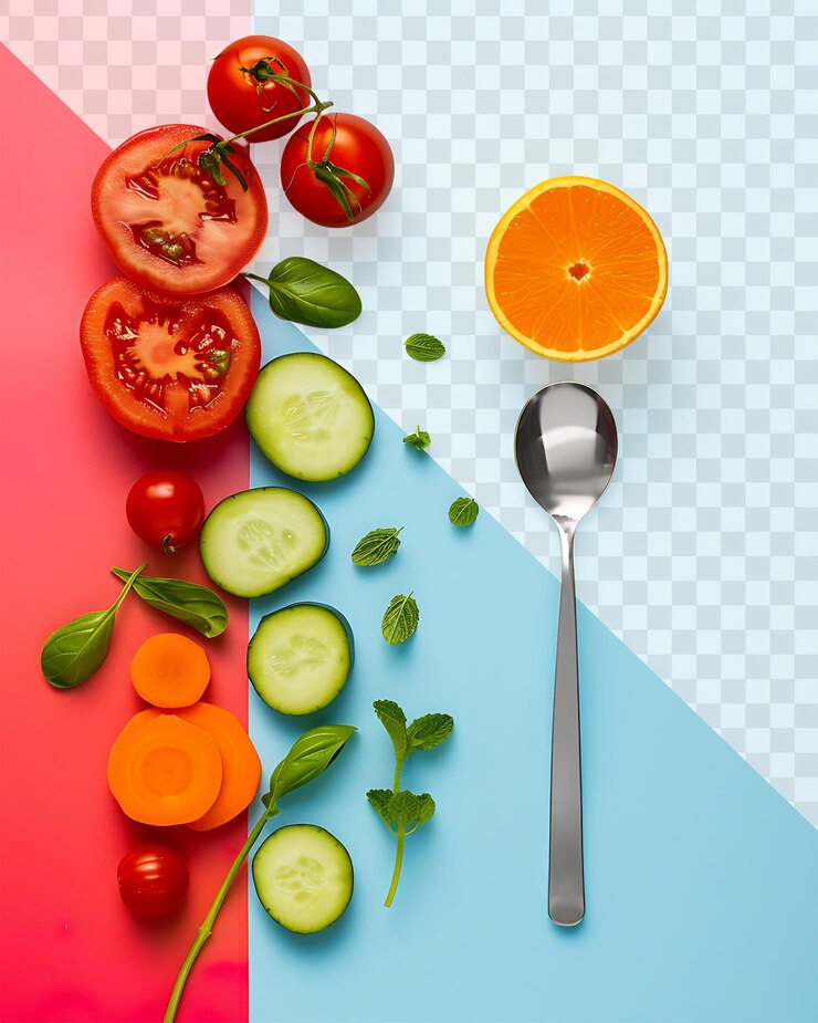 PSD una cuchara y una cuchara con tomates y pepino en ella
