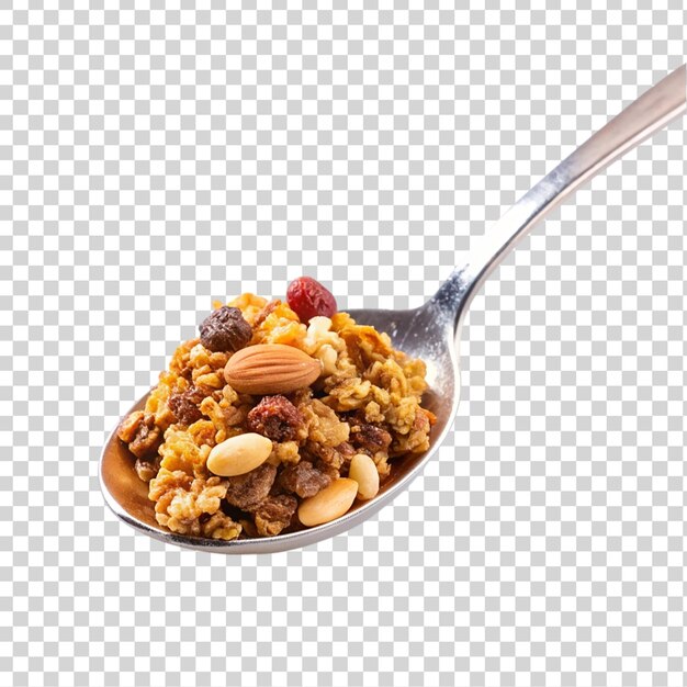 PSD cuchara con granola y nueces aisladas sobre un fondo transparente