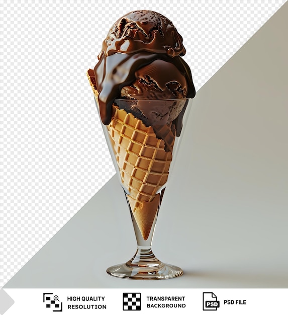 PSD cuchara de helado de chocolate en vaso con salsa de chocolate y cono de oblea png psd