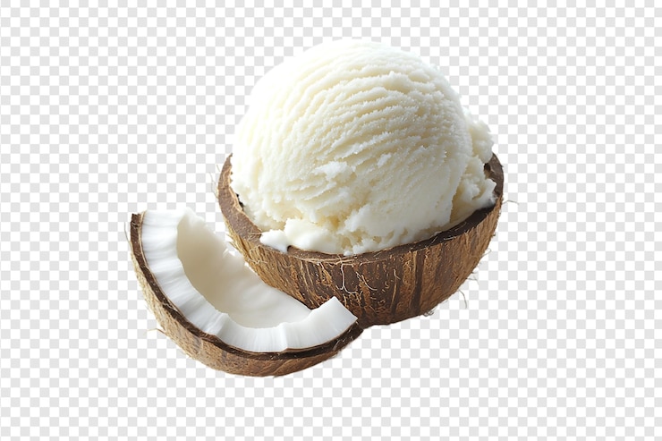 PSD una cuchara de helado de coco en una cáscara de coco con una rodaja de coco sobre un fondo transparente