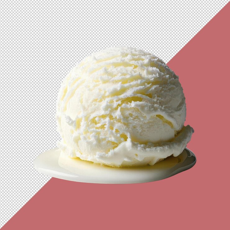 Una cuchara de helado de vainilla con bordes fundidos aislados sobre un fondo transparente