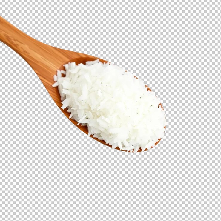 PSD cuchara de madera llena de deliciosos granos de arroz blanco comida comida de dieta plato de carbohidratos fresco y sabroso almuerzo vegano