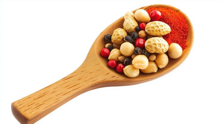 Cuchara de madera con nueces y frutas secas en un fondo transparente aislado almendras caju
