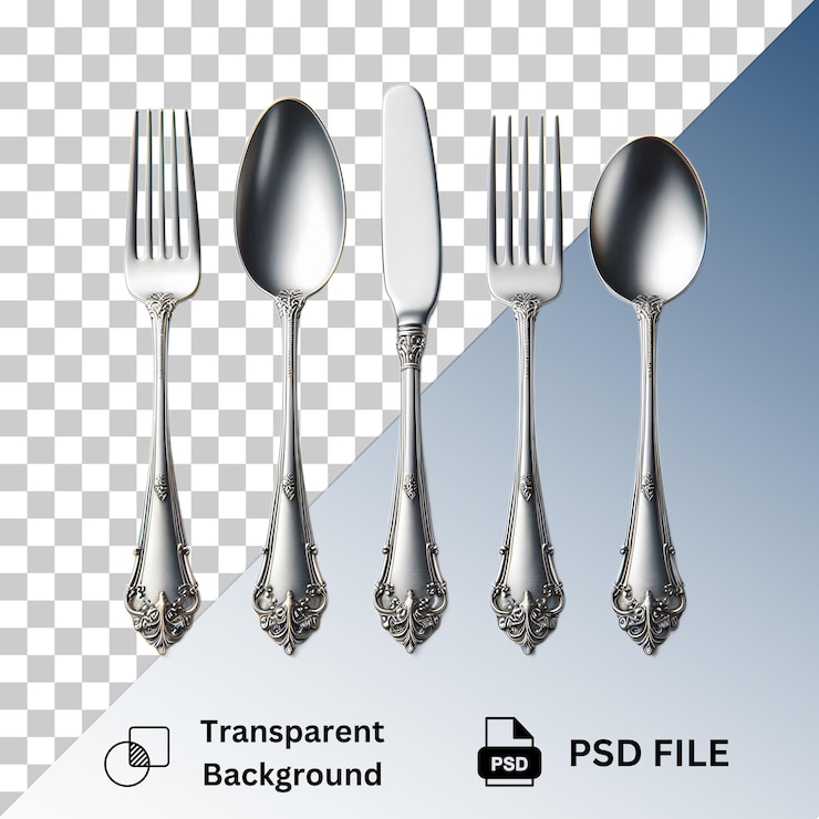 PSD cuchara y tenedor de acero inoxidable o plata aislados sobre un fondo transparente