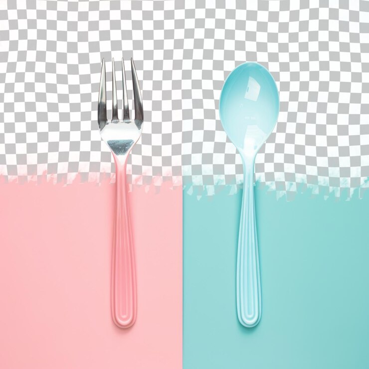 PSD una cuchara y un tenedor están en un fondo rosa y azul