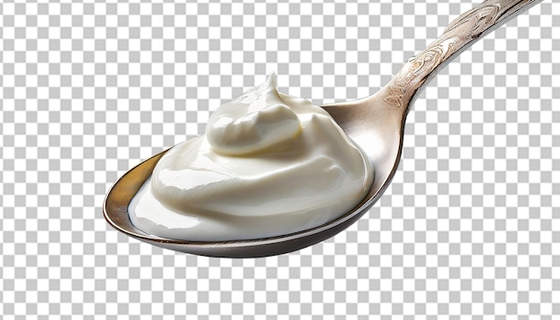 Una cuchara con un yogur blanco aislado en un fondo transparente