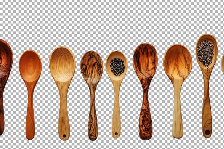 PSD cucharas de madera hechas a mano expuestas en una fila que muestran varias formas y diseños con texturas y acabados distintos