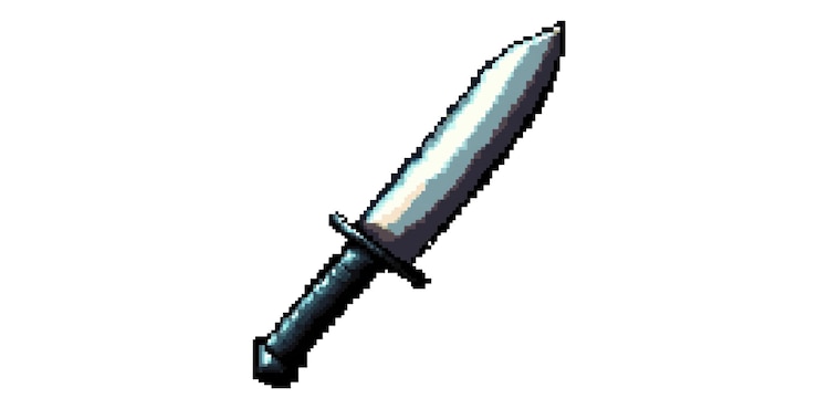 PSD cuchilla de acero afilada en estilo pixel art aislada sobre un fondo transparente