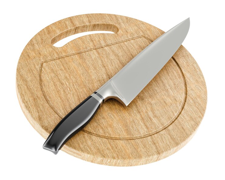 PSD cuchillo de chef con tabla de cortar madera para cortar renderizado 3d aislado en fondo transparente