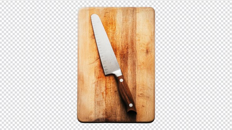 PSD un cuchillo de cocina afilado descansa sobre una tabla de cortar de madera listo para la preparación de comidas o el corte de alimentos en un entorno de cocina en casa