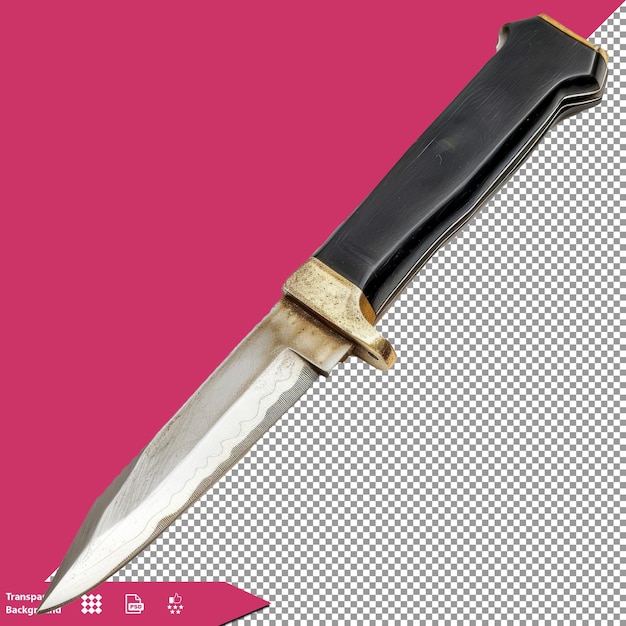 Un cuchillo con un mango negro está en un fondo rosa