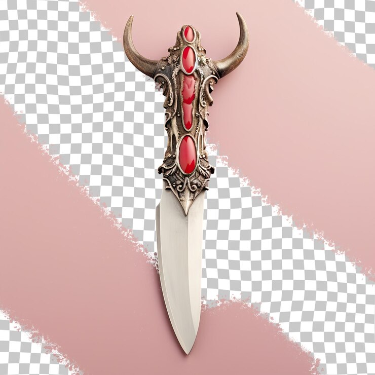 PSD un cuchillo con una piedra roja y una piedra roja en la parte inferior.