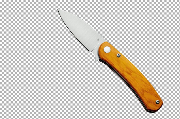 PSD cuchillo plegable con mango de madera expuesto sobre un fondo blanco que muestra artesanía y diseño