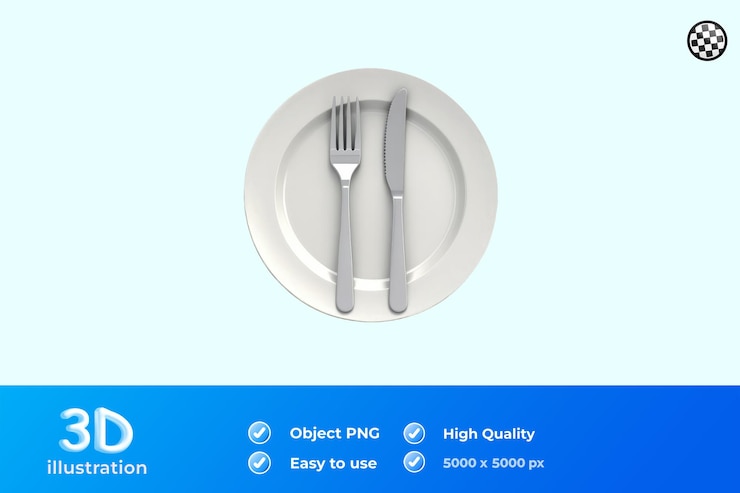 PSD cuchillo y tenedor de dibujos animados en un plato vacío para conceptos de comidas