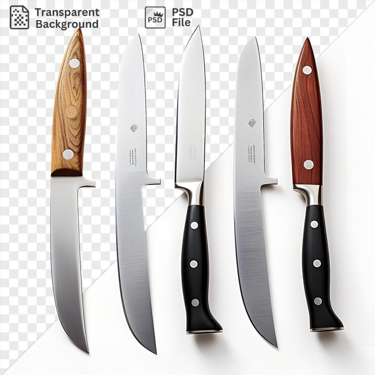 PSD los cuchillos de chefs fotográficos realistas, incluidos un cuchillo de plata con mango de madera y marrón y un cuchilo de plata afilado con mango negro, se muestran en un fondo transparente junto a un