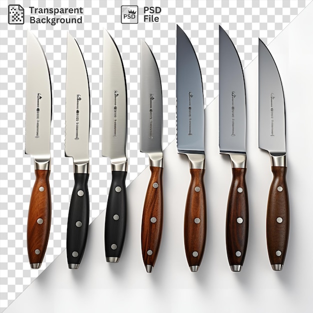 Los cuchillos de los cocineros fotográficos realistas, incluido un cuchillo de plata con mango de madera y marrón y un cuchillos negro con mango de madera y marró se muestran en una pared blanca el