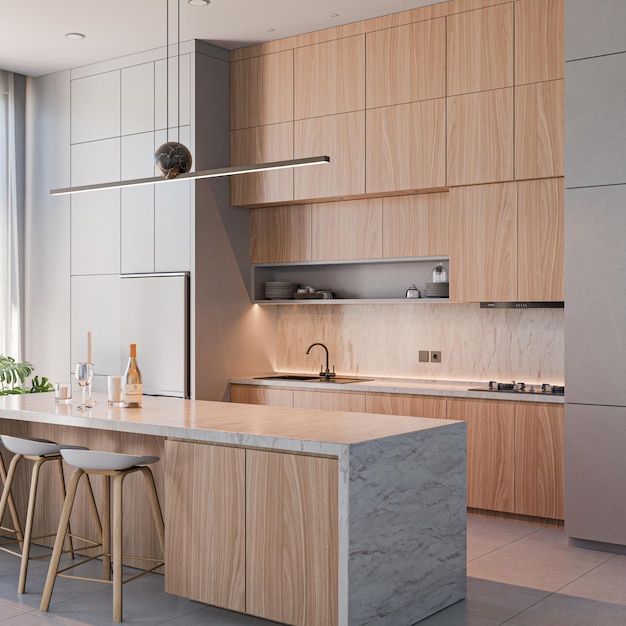 Cucina moderna con armadi di legno e isola di marmo