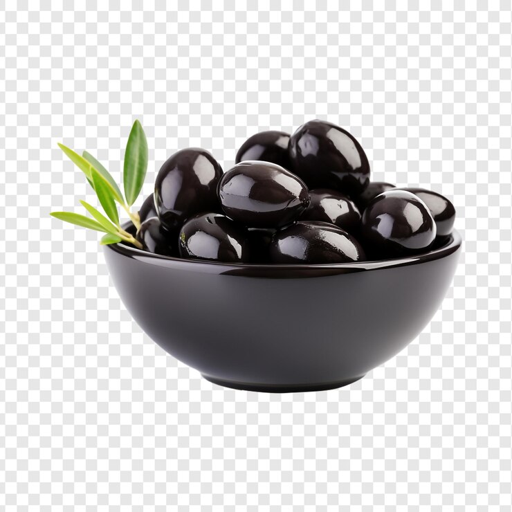 PSD un cuenco de aceitunas negras aisladas sobre un fondo transparente
