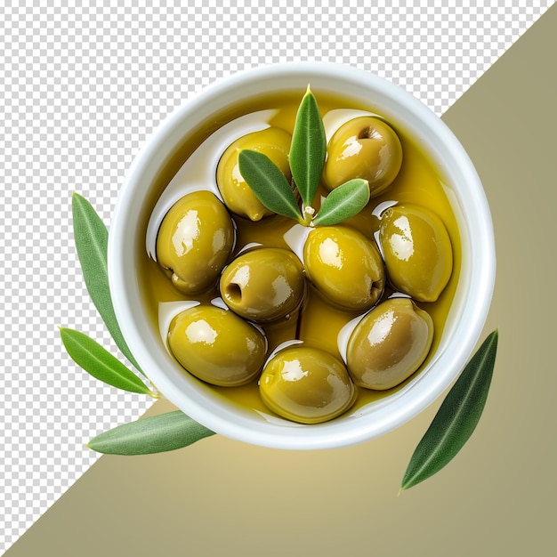 PSD un cuenco de aceitunas verdes con un dibujo de una aceituna verde