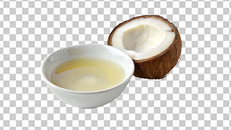 PSD cuenco blanco de aceite de coco aislado sobre un fondo transparente