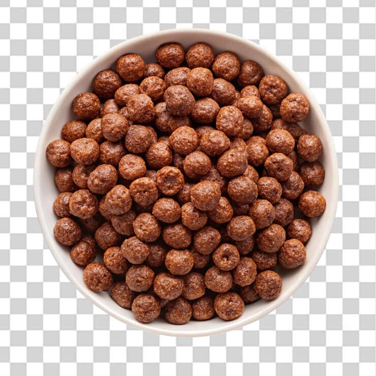 PSD cuenco blanco de cereal de chocolate vista superior aislado sobre un fondo transparente