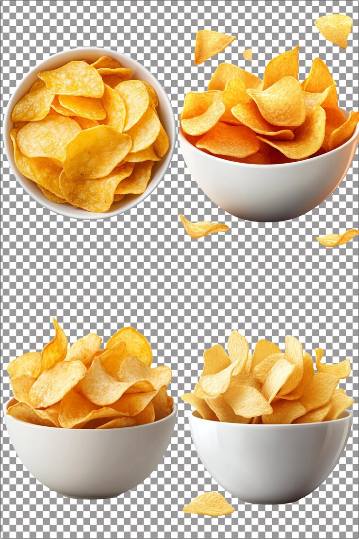 Cuenco blanco con patatas fritas bocadillo crujiente y salado hiperrealista PNG aislado con Transp claro
