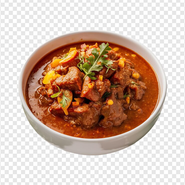 PSD un cuenco de carne picante curry carne vindaloo aislado en un fondo transparente por la ia generativa