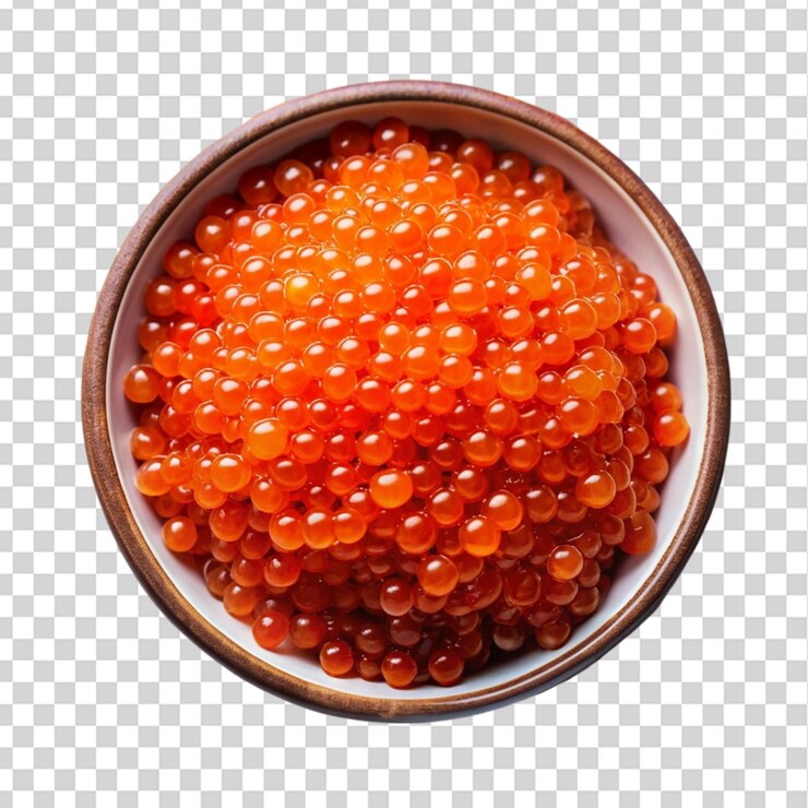 PSD un cuenco de caviar rojo en la vista superior de la madera aislado en un fondo transparente