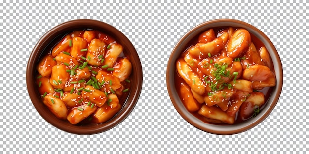 Cuenco de comida coreana tteokbokki aislado en un fondo transparente vista de arriba