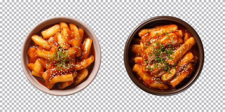 PSD cuenco de comida coreana tteokbokki aislado en un fondo transparente vista de arriba