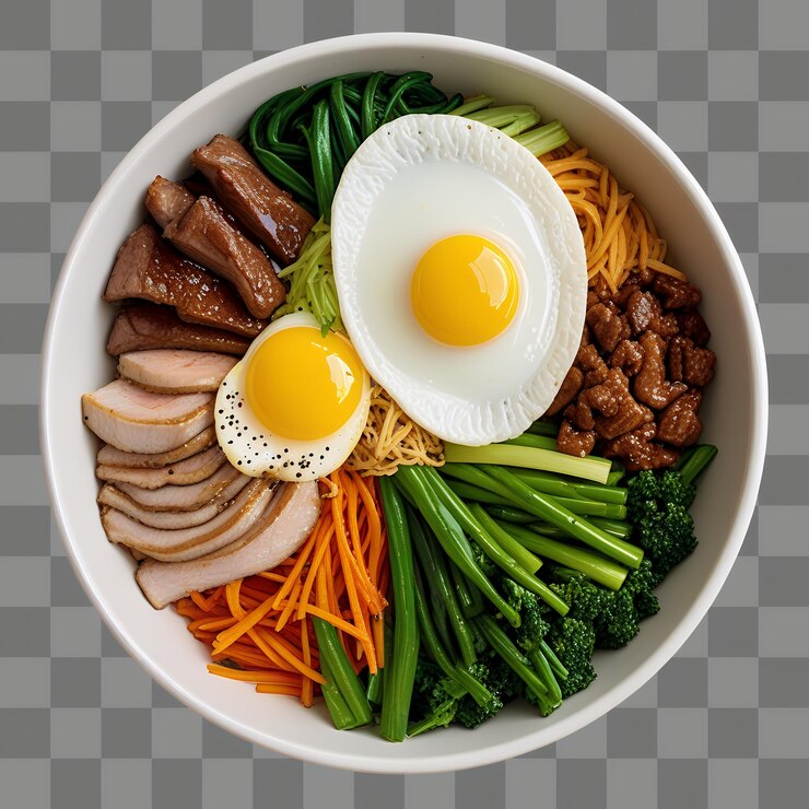 PSD un cuenco de comida, incluidos huevos, carne, verduras y carne