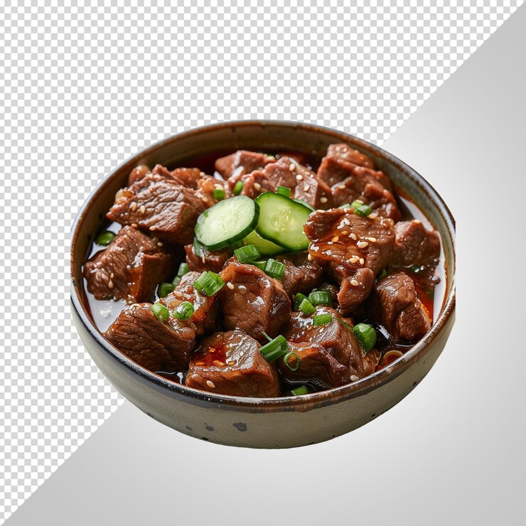 PSD un cuenco de comida con patatas y tomates y carne aislados sobre un fondo blanco