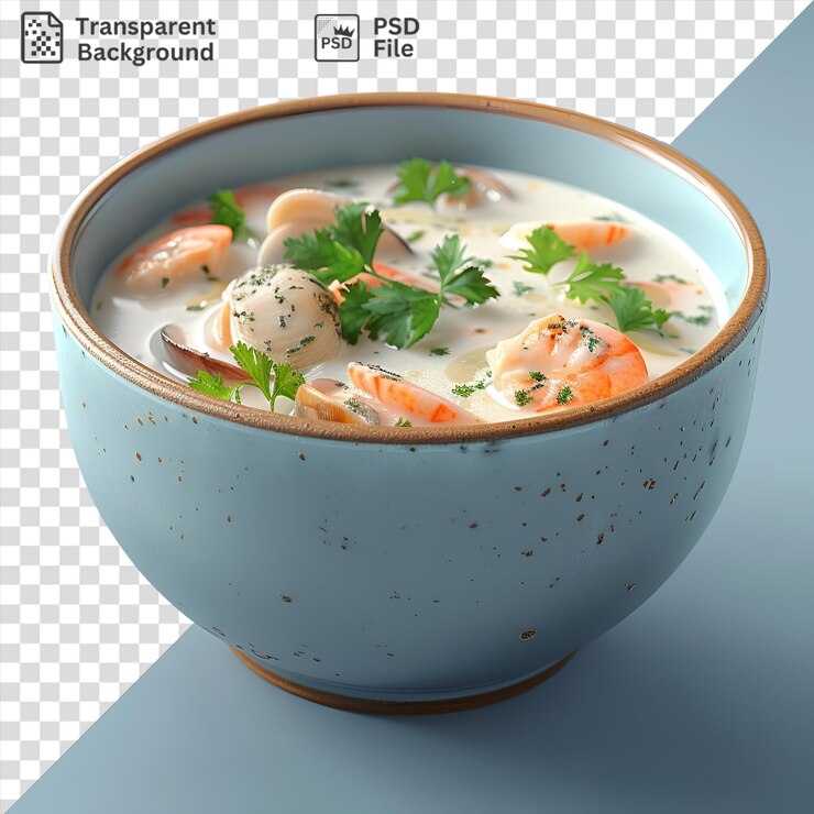 PSD un cuenco cremoso de sopa de almejas en una mesa azul